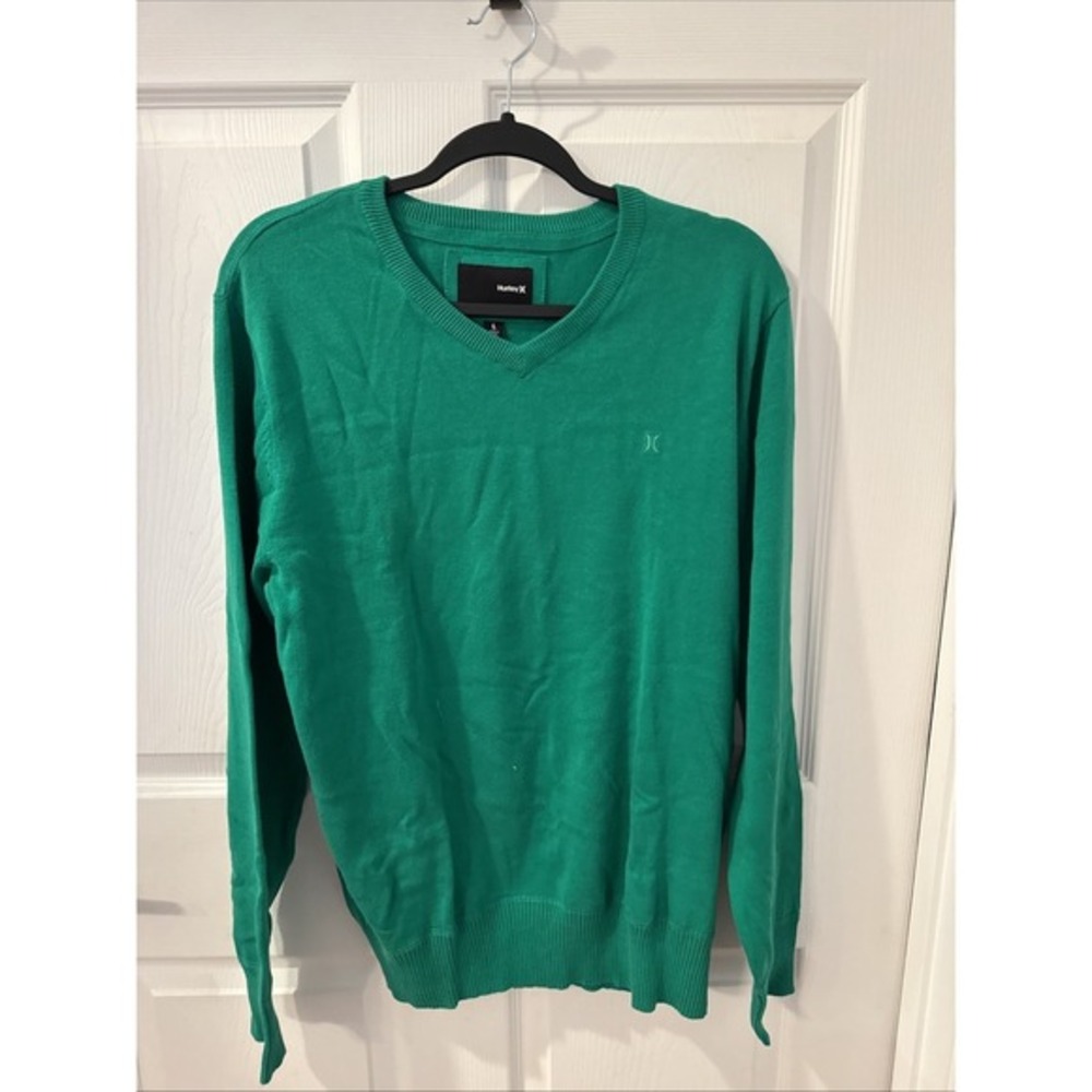 Hurley Mens L‎ Green V-Neck Cotton Sweater Embroidered Logo Minimalist Neutral